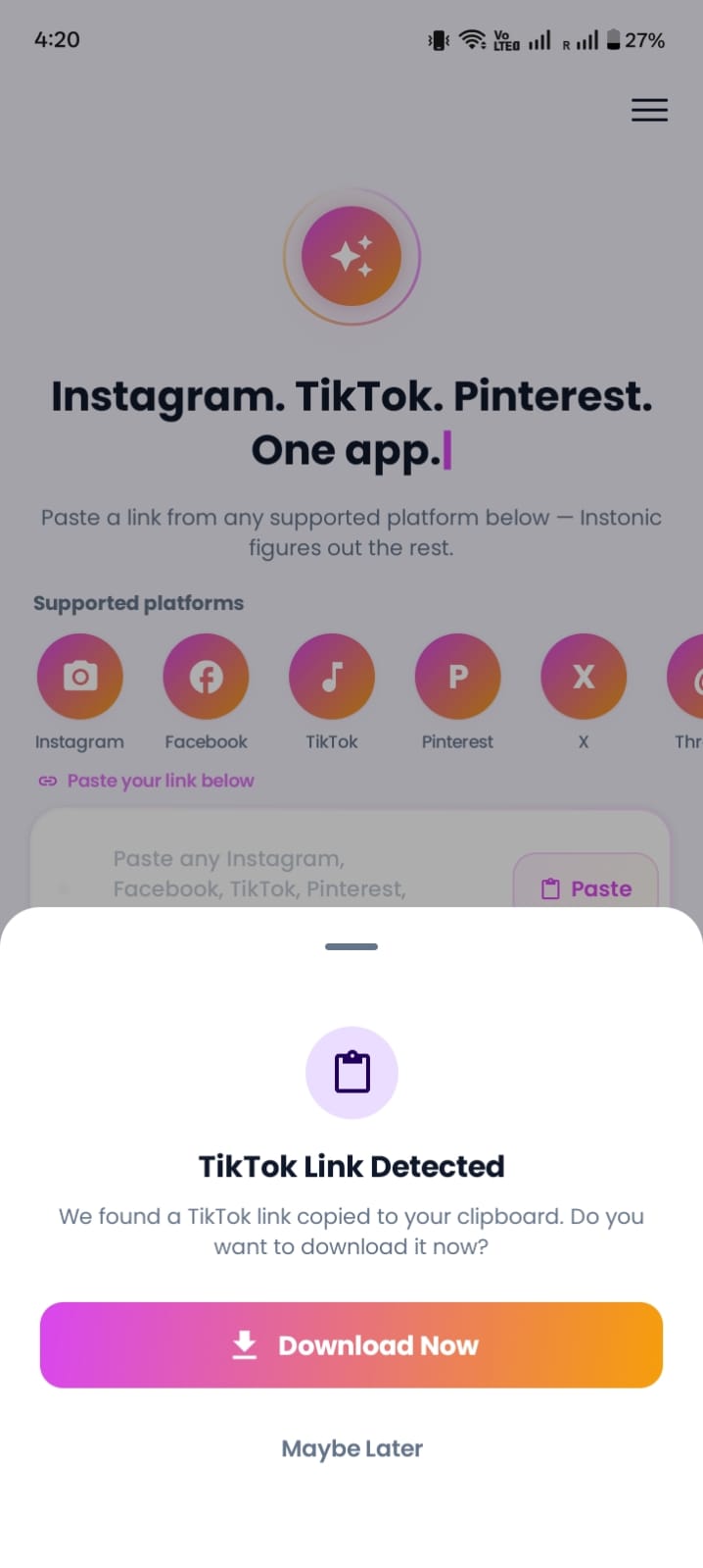 TikTok Link Auto-Detection Screen