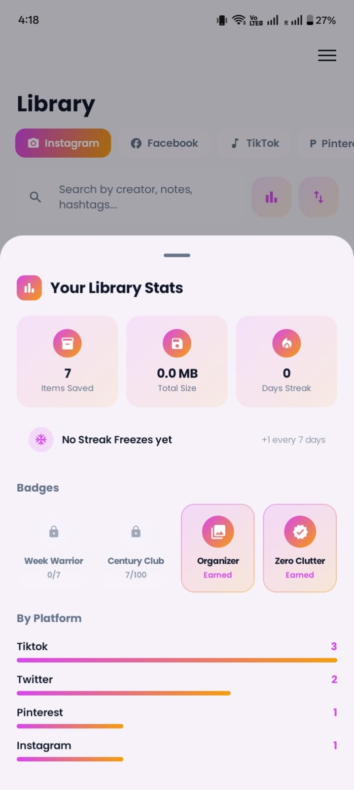 Library Stats & Achievements Screen