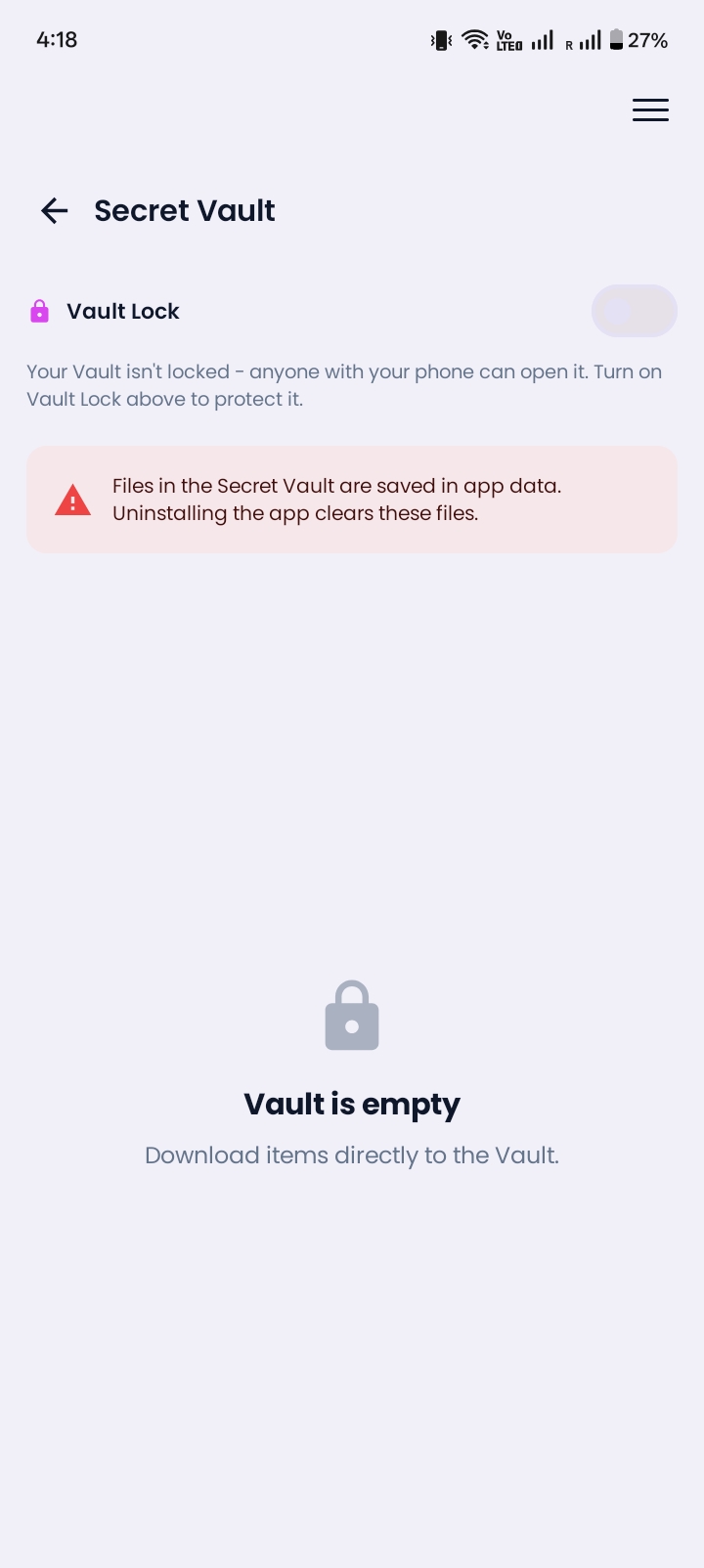Encrypted Secret Vault Screen